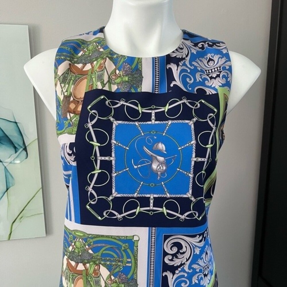 J. McLaughlin NEW Belinda Dress Heraldic Patchwork Print 4 Navy Silver Blue - Picture 3 of 8